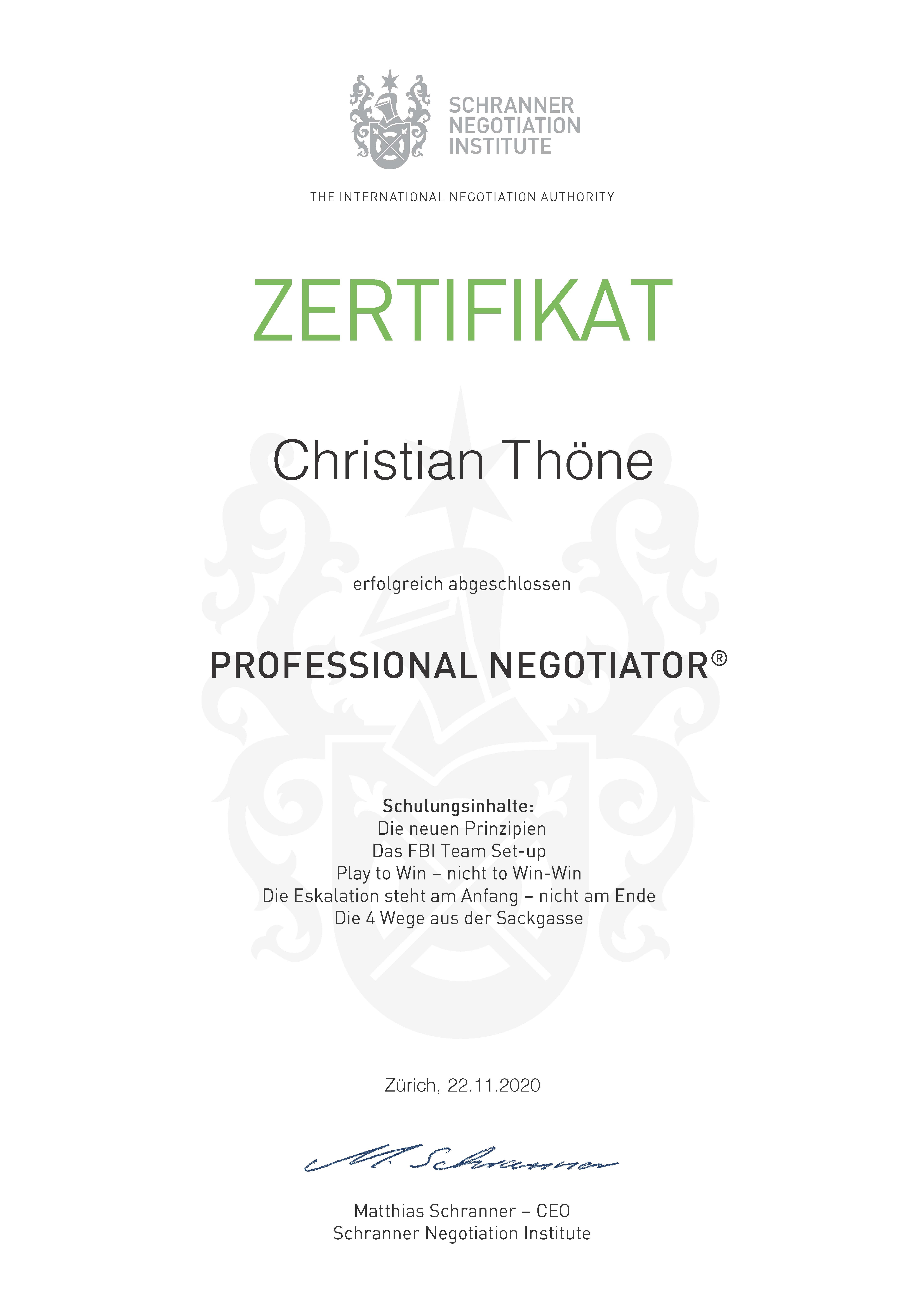 Zertifizierung als PROFESSIONAL NEGOTIATOR®